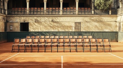 Canvas Print - clay tennis court with a crowd of empty chairs. The courtyard is surrounded by a fence and the seats are arranged in a row 