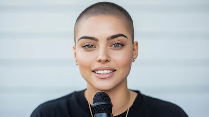Wall Mural - a woman with a microphone is smiling. she has a shaved head and is wearing a black shirt