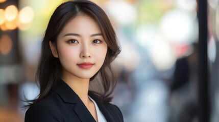 Wall Mural - Beautiful and confident young Asian woman. Woman wearing elegant suit standing looking at camera on blurred background