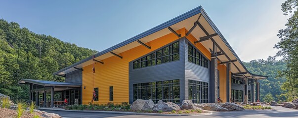 An adventure sports center with James Hardie siding, located at the edge of a national park, providing a base for activities like zip-lining, rock climbing, and mountain biking