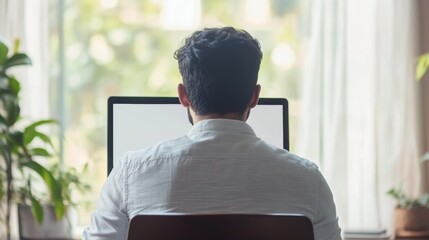Poster - Over Shoulder View of Blank Laptop Screen for Virtual Meeting or Online Work