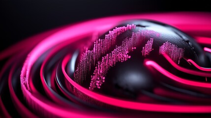 Poster - A black and pink sphere with a pink line around it. The sphere is surrounded by pink lines and dots