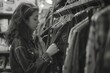 © vefimov - A young woman looking at clothes hanging on a rack in a store, searching for the right outfit.
