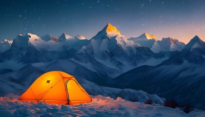 Wall Mural - Luminous orange tent under a starlit sky with breathtaking snow-capped mountains in the background