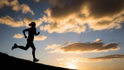 Shadow of a woman running at sunset