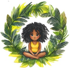 Watercolor illustration of a young black girl sitting in a circle of tropical leaves.