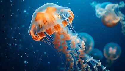 Graceful luminescent jellyfish gliding elegantly in the deep blue ocean, revealing the enchanting beauty of natures underwater world.