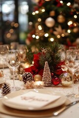 Wall Mural - Elegant Christmas dinner table setting with red and gold decorations, candles, and greenery, set in front of a Christmas tree with glowing bokeh lights.