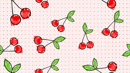 Vector illustration. Seamless pattern of cherry. Hand-drawn style. Line art. Color doodle style. Design for wallpaper, background, poster, banner.