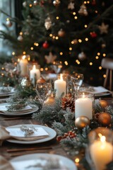 Wall Mural - Elegant Christmas dinner table setting with red and gold decorations, candles, and greenery, set in front of a Christmas tree with glowing bokeh lights.