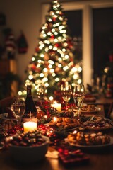 Wall Mural - Elegant Christmas dinner table setting with red and gold decorations, candles, and greenery, set in front of a Christmas tree with glowing bokeh lights.