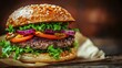 © MakoPoko - Close-up of freshly prepared burger showing layers of ingredients with vibrant colors on a wooden surface capturing a delicious and mouth-watering moment
