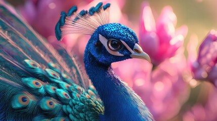 A vibrant 3D rendering of a peacock in full display, paired with a soft pastel background, capturing the grandeur of zoo birds