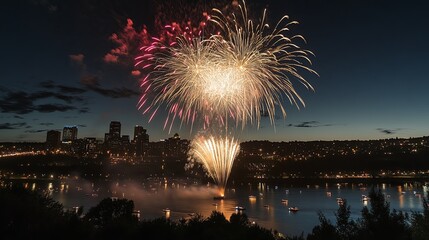 A stunning Fourth of July fireworks display lighting up the night sky over a vibrant city skyline, celebrating independence and freedom with colorful bursts of light and an electric atmosphere.