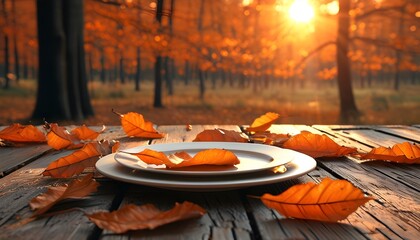 Wall Mural - Autumn-inspired table scene with vibrant orange leaves and rustic wooden plank illuminated by the warm glow of sunset in a serene forest setting