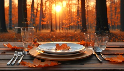 Wall Mural - Autumn-inspired table scene with vibrant orange leaves and rustic wooden plank illuminated by the warm glow of sunset in a serene forest setting