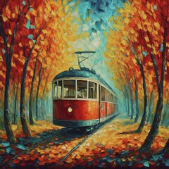 Wall Mural - Vintage Tram Under Autumn Canopy