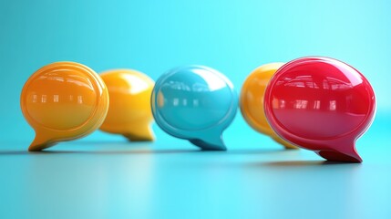 Vibrant Collection of Glossy Speech Bubbles in Yellow, Orange, Blue, and Red on a Soft Blue Background Representing Communication and Social Interaction