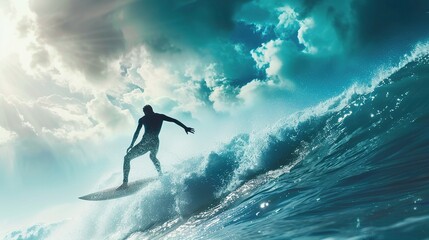 A creative background for the exciting outdoor activity of surfing on the sea. The background shows the vast expanse of the ocean with its powerful waves