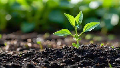 Wall Mural - Vibrant green sprouts emerging from fertile soil, symbolizing new beginnings and the potential for a thriving garden or agricultural endeavor