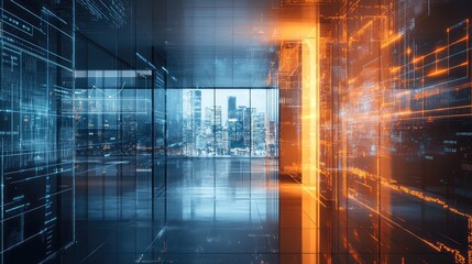 Poster - innovative technology theme drawing with office interior background and multi-exposure effect, highl