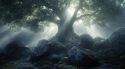 Sticker - Mystical Forest with Sunbeams Illuminating a Large Tree