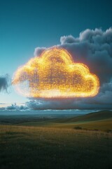 Poster - a vibrant cloud shaped like a golden digital icon hovers above rolling hills, reflecting the last li