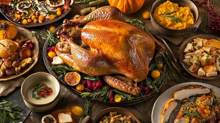 A festive Thanksgiving dinner spread featuring a beautifully roasted turkey at the center, surrounded by all the trimmings including stuffing, cranberry sauce, mashed potatoes, and seasonal vegetables