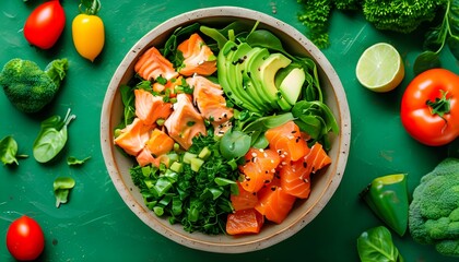 Wall Mural - Vibrant salad bowl featuring salmon, avocado, tomatoes, and fresh greens on a bright green background, celebrating nutritious eating and fresh ingredients