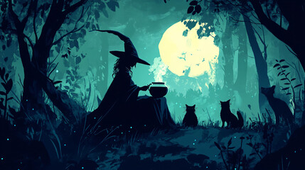 A witch brewing a potion in a moonlit forest, with enchanted animals watching from the shadows.