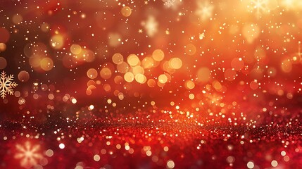 Poster - A bright red Christmas background featuring sparkling glitter, softly falling snowflakes, and twinkling golden lights in a bokeh style