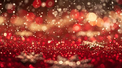 Poster - Red holiday background with radiant glitter, white snowflakes gently drifting across, and soft golden lights adding a cozy seasonal glow