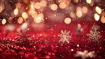 Poster - Red holiday background with radiant glitter, white snowflakes gently drifting across, and soft golden lights adding a cozy seasonal glow