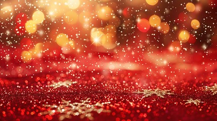 Poster - Red holiday background with radiant glitter, white snowflakes gently drifting across, and soft golden lights adding a cozy seasonal glow