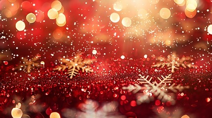 Poster - Festive red backdrop with shimmering glitter, layered with delicate white snowflakes and warm glowing lights for a holiday-themed design