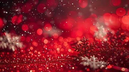 Poster - Vivid red glitter Christmas background, accented by softly floating snowflakes and glowing light trails that create a magical winter atmosphere