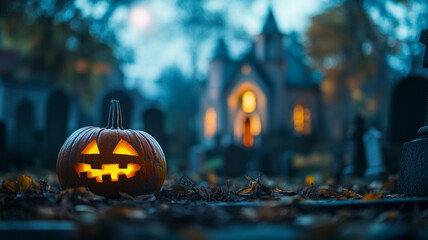 A glowing jack-o'-lantern rests among tombstones on a misty Halloween night in an eerie graveyard