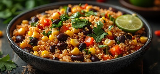 Wall Mural - Close-up of quinoa salad with corn, black beans, red pepper, cilantro, and a lime wedge in a black bowl.