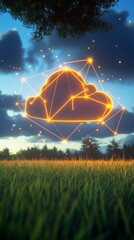 Poster - a luminous digital cloud appears suspended in the twilight sky over a field, surrounded by glowing s