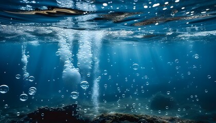 Serene underwater scene with rising bubbles in deep blue ocean, evoking the tranquility and mystery of aquatic life