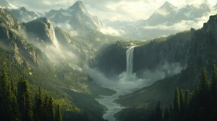 Canvas Print - Majestic Waterfall Amidst Misty Mountain Peaks