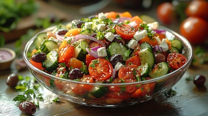 A fresh Greek salad with tomatoes, cucumbers, olives, feta cheese, red onion, and parsley.