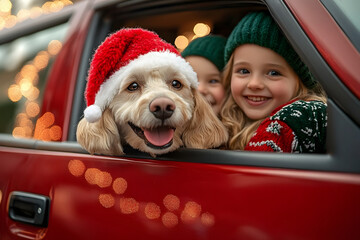 During Christmas, close up of a dog and happy children in a red car