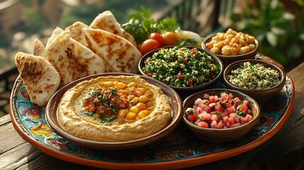 A colorful platter of hummus, baba ghanoush, tabbouleh, and pita bread.