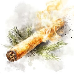 Poster - Watercolor Painting of a Burning Cigar with Smoke and Pine Needles.