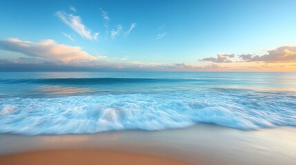 Calm and peaceful ocean view with soft, smooth waves rolling gently onto the shore, set against a tranquil blue sky