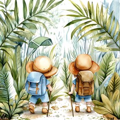 Canvas Print - Watercolor Illustration of Two Children Hiking in a Lush Tropical Forest.