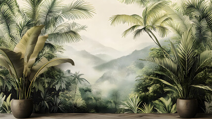 Wall Mural - The retro mural photo wallpaper features a tropical forest with graceful leaves in a vintage background graphic painting art card poster print interior