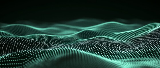 Poster - A mesmerizing display of glowing green waves formed from countless particles flows smoothly against a dark background, illustrating a digital terrain