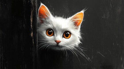 Wall Mural - A cute white cat peeking through a dark wooden surface.